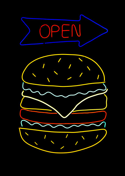 霓虹灯汉堡的迹象。照片发光的彩色LED霓虹灯标志汉堡餐厅的标志与文字打开的箭头在黑暗的背景，垂直风格。墙上的复古酒吧招牌灯。图片下载
