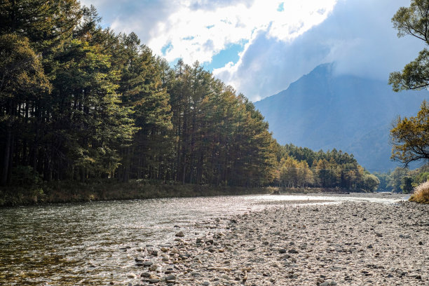 上高县的徒步小径穿过日本山心的一条自然小径，美丽的松树和成熟的树木在秋天变色。图片下载