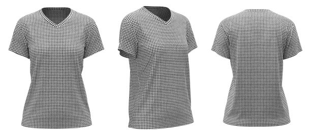黑白犬牙图案女性t恤隔离在白色背景。前，角度和后视图。3D渲染。图片下载