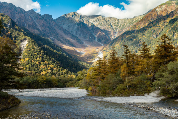 Kamikochi国家公园。日本长野上高国家公园中心的自然景观或秋天的日本阿尔卑斯山秋叶与池塘和山图片下载