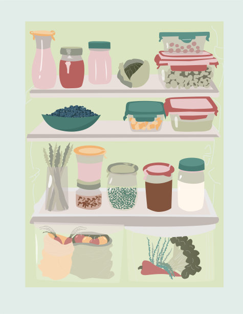 打开冰箱，把食物放在可重复使用的盒子里。生态友好型生活方式矢量插图图片下载