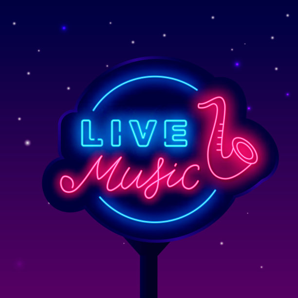 现场音乐霓虹街广告牌。爵士晚上横幅。发光的广告。音乐会。向量股票插图图片下载