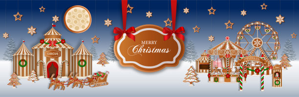 圣诞横幅上有姜饼游乐场和马戏团。圣诞背景姜饼饼干和糖果图片下载