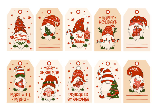 圣诞侏儒矢量礼物标签。圣诞节小企业包装标签图片下载