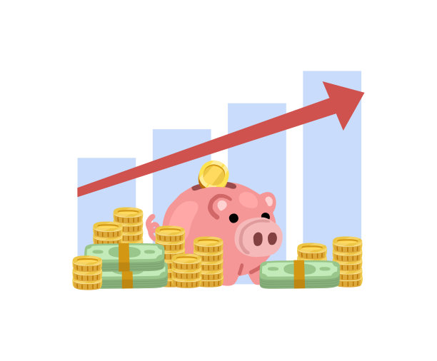 粉红色的存钱罐，里面有硬币和纸币图片下载