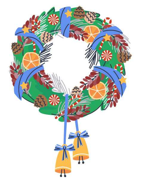 用蓝丝带系着铃铛的花环。装饰有橘子片，干花枝，焦糖。带球果的冷杉树枝的花环。图片下载
