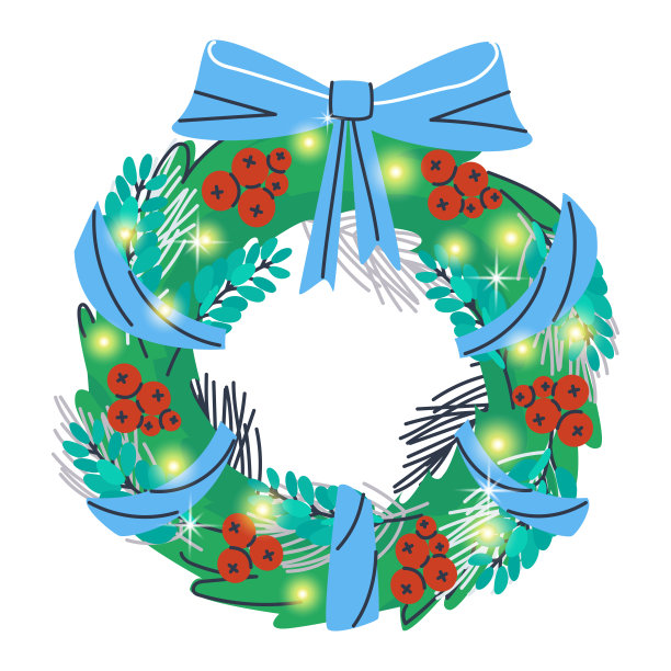 圣诞花环。在冷杉树枝上用蓝色丝带装饰的闪闪发光的花环。红色的rowan浆果，长着长针的松枝。有圆形叶子的装饰性小枝。图片下载