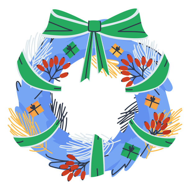 原蓝色云杉花环。圣诞节装饰。用绿色的莉娜和礼盒装饰，彩色的眼睑和红色的浆果。图片下载