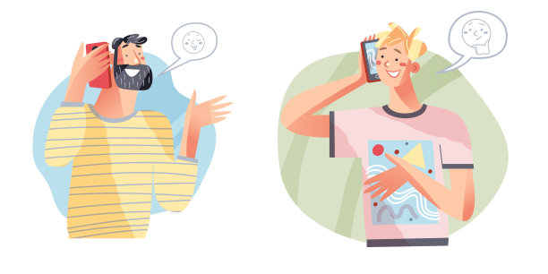 人们在手机上打电话，微笑集矢量插画。卡通自由职业者和白人角色谈论业务工作，潮人拿着手机，男生微笑图片下载