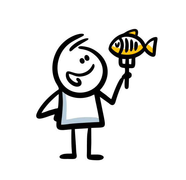 涂鸦棍人拿着鱼在他的叉子，准备吃。图片下载