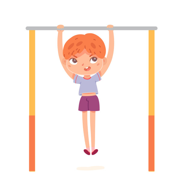 男孩在体育馆做单杠引体向上矢量插图。卡通孤立活动儿童在体操器材上训练肩膀、手臂和背部的强壮肌肉，是儿童的体育锻炼图片下载