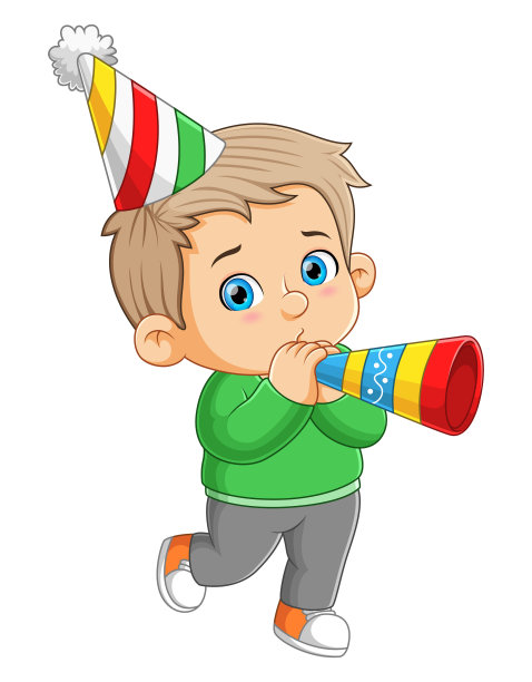 那个可爱的男孩正在用可爱的装饰品吹小号图片下载