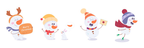 可爱的雪人人物设置，快乐的人从雪球溜冰，跳信封图片下载