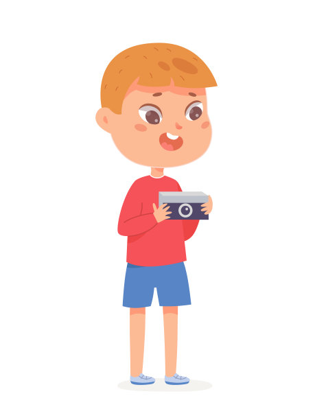 男孩拿着数码相机拍照，兴奋可爱的儿童记者拍照图片下载