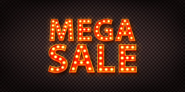 矢量现实孤立的霓虹灯标识Mega Sale文本在透明的背景上。图片下载