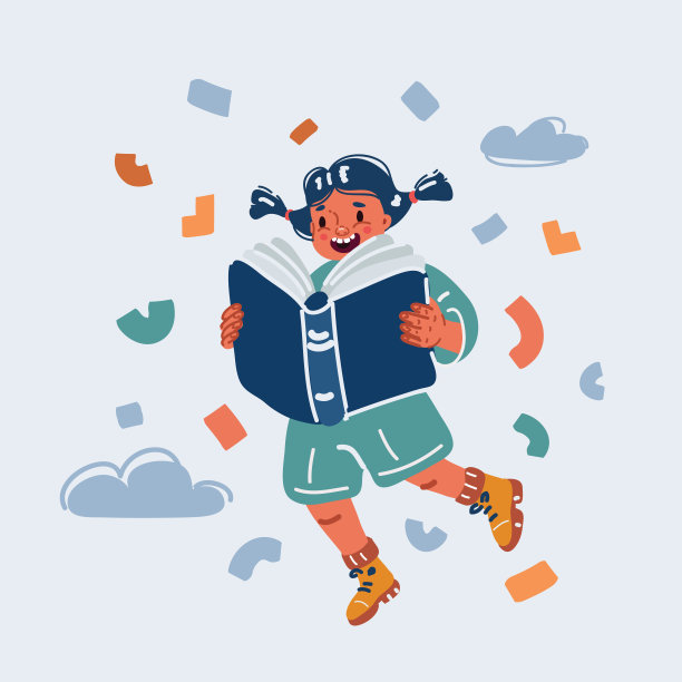 矢量插画快乐的小女孩，孩子飞与书享受童话世界。微笑梦幻的小少年享受文学阅读，打开新的视野。书迷，图书馆和书店的概念。图片下载