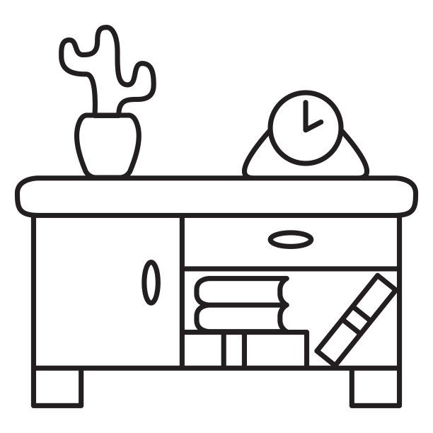 床头灯轮廓图标。细线黑色床头柜与仙人掌和一个时钟。图片下载
