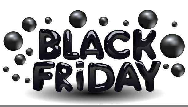 黑色星期五3D充气字母与白色背景上的黑色球体。图片下载