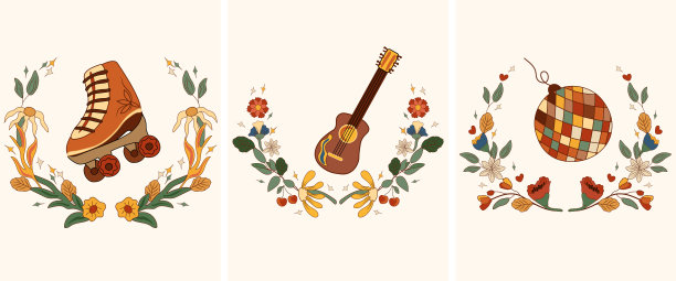 积极组成70年代与一个时髦的迪斯科球，彩色滚轮滑冰，复古吉他，鲜花和树叶。构图的复古风格完美的卡片，海报，明信片，横幅。向量图片下载