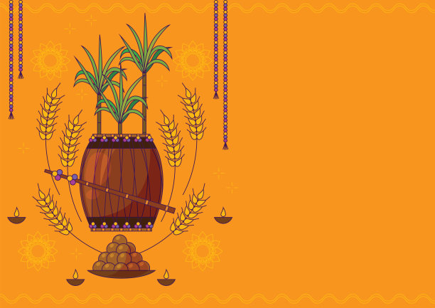 传统装饰鼓和甘蔗。Lohri节日背景。旁遮普流行的冬季民间节日Lohri。传统装饰鼓和甘蔗。节日贺卡。抽象背景上的矢量插图图片下载