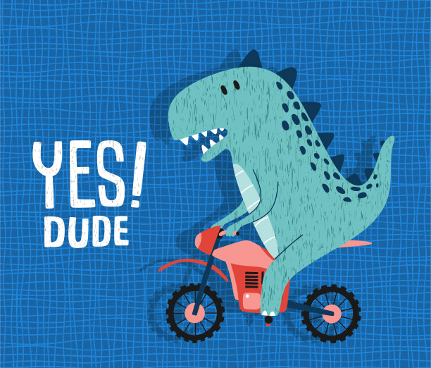卡通恐龙骑着摩托车。骑摩托车的可爱恐龙。图片下载