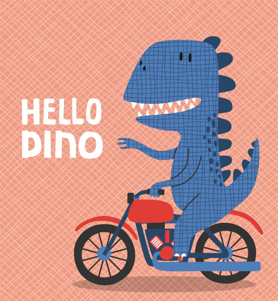 卡通恐龙骑着摩托车。骑摩托车的可爱恐龙。图片下载