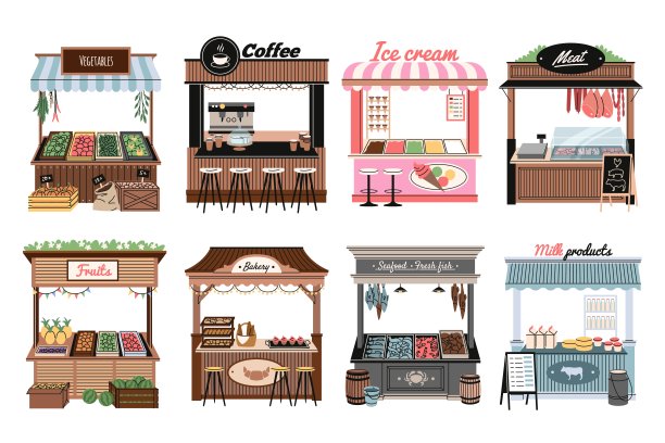 街头市场。卡通亭有不同的产品没有卖家，食品和饮料集合，面包店，蔬菜和水果店，冰淇淋和牛奶，整齐的矢量卡通平面设置图片下载