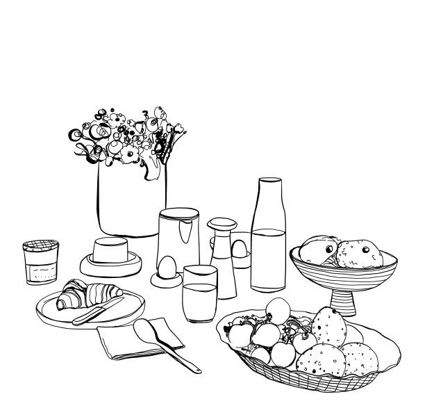 手绘的货物。浪漫晚餐。桌上有食物和饮料图片下载