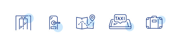 5酒店图标。电梯，智能锁，位置，出租车和行李箱。像素完美，可编辑的笔画艺术图片下载