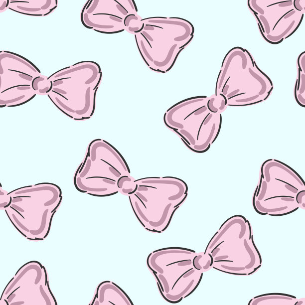 可爱的无缝模式与美丽的手绘粉红色蝴蝶结在蓝色背景。矢量插图涂鸦。布艺设计，墙纸，包装纸。图片下载