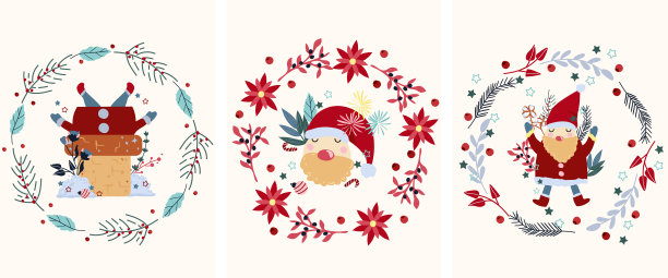 圣诞老人戴着花环，圣诞老人爬进烟囱，圣诞老人头上有鲜艳的花朵，五颜六色的树叶等。圣诞和新年的概念。向量。图片下载