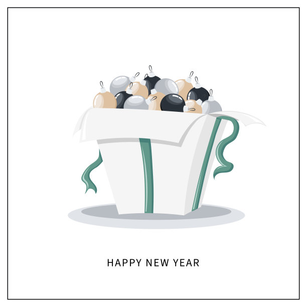 可爱，舒适，极简的新年或圣诞贺卡的礼盒充满玻璃黑色，灰色和米色球。矢量插图的产品设计，横幅，卡片卡通涂鸦风格图片下载