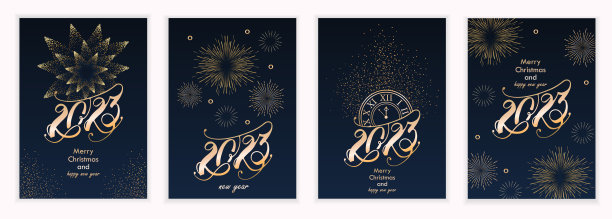 2023年新年。烟花，金色的花环，闪闪发光的粒子。圣诞节闪闪发光的模板的节日横幅，传单，卡片，邀请，封面，海报。矢量插图。图片下载