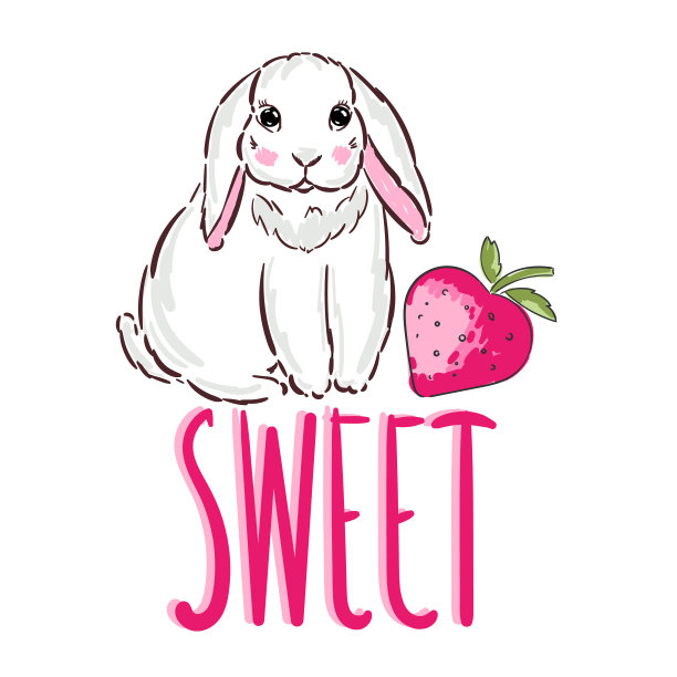 兔子可爱的印花与草莓。甜蜜，宝宝送礼卡。兔子插图幼儿园t恤，儿童服装，邀请，简单的儿童设计图片下载