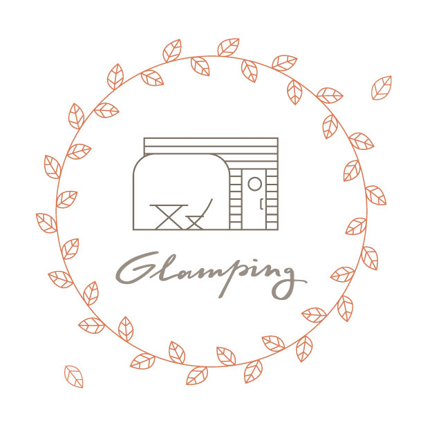简单的线条插画与方便的glamping，字母在叶子圆框。图片下载