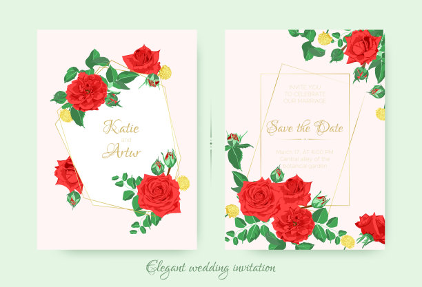 红玫瑰和树叶的婚礼请柬。图片下载