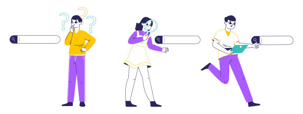 人们使用搜索栏，男人和女人上网。字符浏览信息与搜索栏，搜索答案在线平面矢量插图集。网页搜索栏用户图片下载