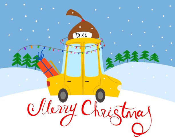 祝你圣诞快乐。一辆载着圣诞树和礼物的黄色圣诞出租车正在路上行驶。图片下载