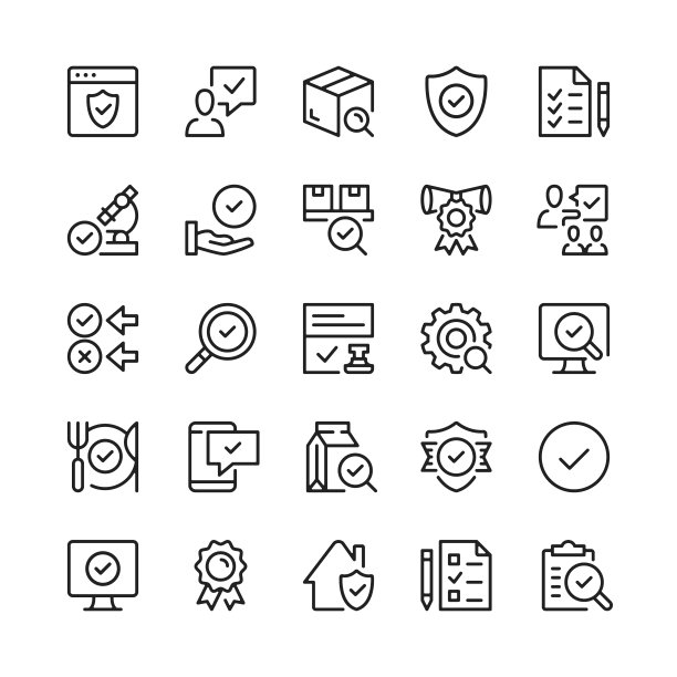 质量控制线图标。大纲符号。矢量线图标集图片下载