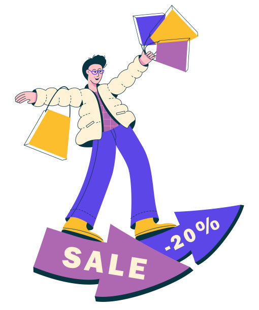 带着购物袋的年轻人在打折时奔跑或飞行。男孩与他们的购买。商店打折的概念，黑色星期五大减价。图片下载