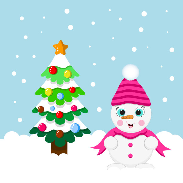 雪人站在圣诞树旁边的雪中微笑。可爱的新年，圣诞节日人物微笑着戴着粉红色的围巾和帽子。蓝色背景的冬季贺卡设计。图片下载