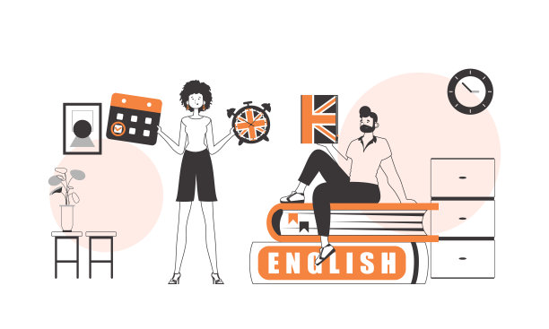 该团队帮助教授英语。学习一门外语的概念。线性时尚风格。图片下载