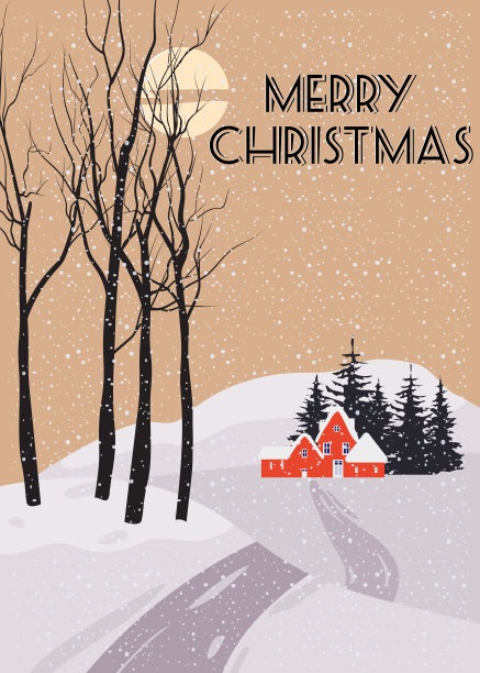 圣诞快乐。冬季乡村雪景复古素材图片下载