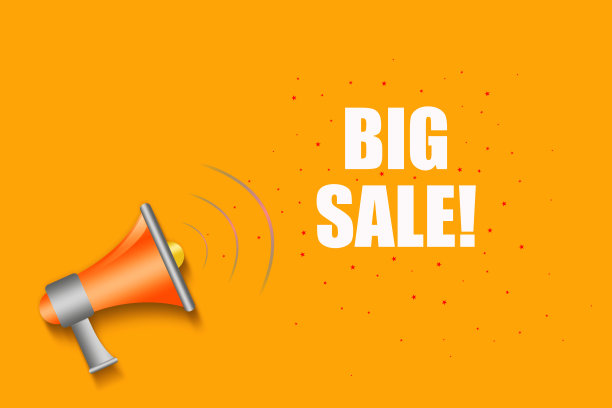 大的销售。亮橙色背景上的文字和扩音器。贸易。销售。业务。图片下载