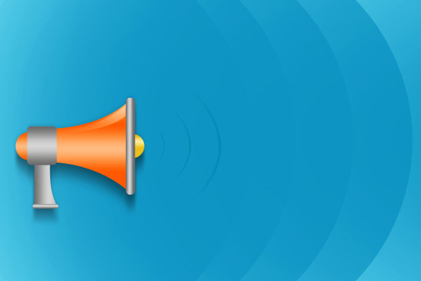 扩音器在蓝色背景与波浪。副本的空间。文本。公告。Advertising.Search。业务。图片下载