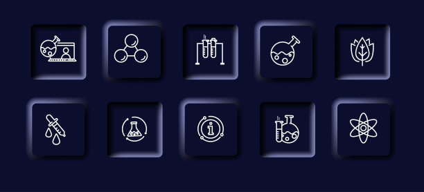 化学的图标集。科学，在线学习，原子，试管，烧瓶，莲花，生态学，实验，交流。化学概念。新生变形样式。矢量线图标的业务图片下载