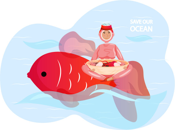 穿着潜水服的男人坐在巨大的红色鱼上，手里拿着一盘海鲜。拯救我们的海洋图片下载