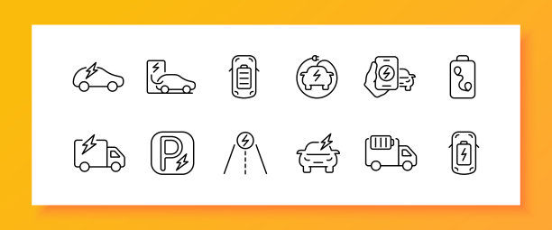 加油设置图标。汽车，电动车，卡车，电池，汽油，汽油，日光浴室，里程，高速公路，加油站，蓄电池，生态。运输的概念。矢量黑色集图标图片下载