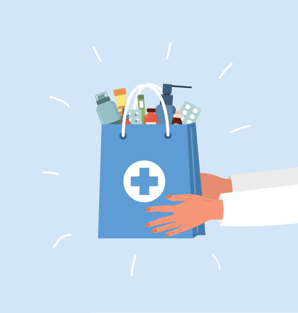 药房服务交付。人的手拿着装着药品和药片的纸袋。在线医学概念。平面卡通风格的矢量插图图片下载