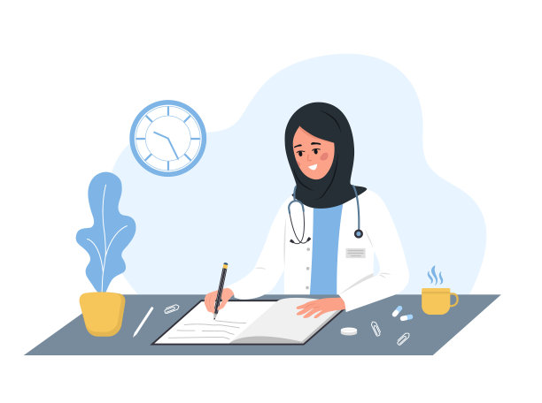 女医生开处方。身穿白大褂、头戴头巾的伊斯兰妇女坐在桌旁为病人写食谱。医疗保健和药学概念。卡通风格的矢量插图图片下载